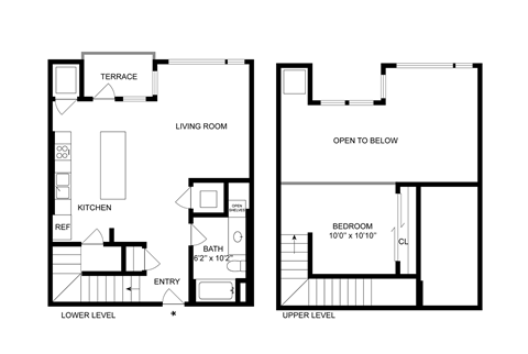 Floor plan for 1 bed, 1 bath, 829 sqft